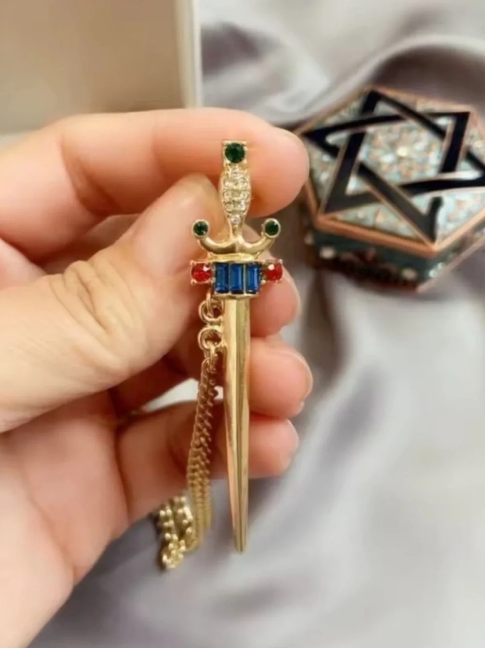 Gold Knight and Sword Chain Brooch